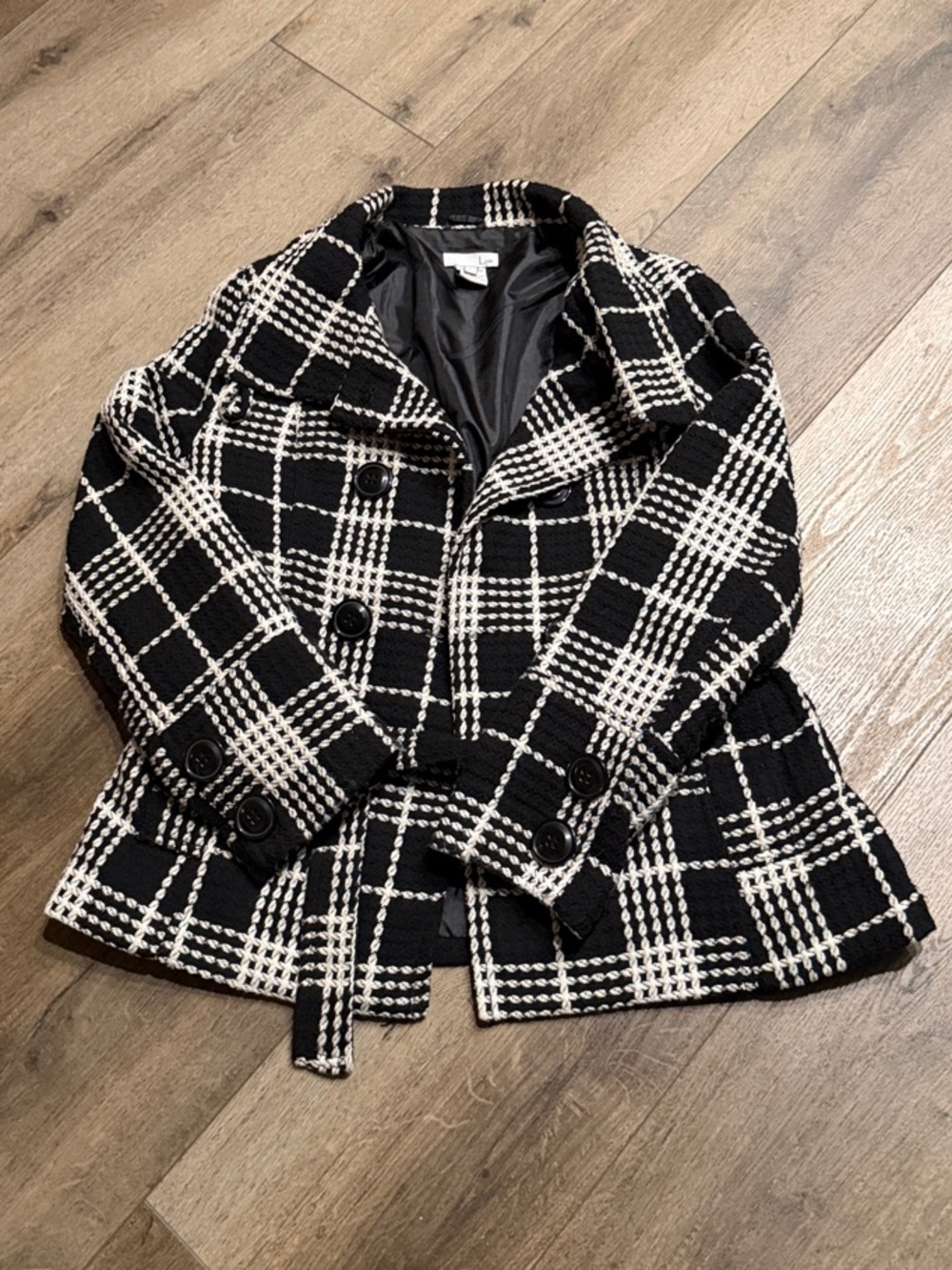 LUII Black White Tweed Pea Coat Women’s L Boutique Like New Black and White